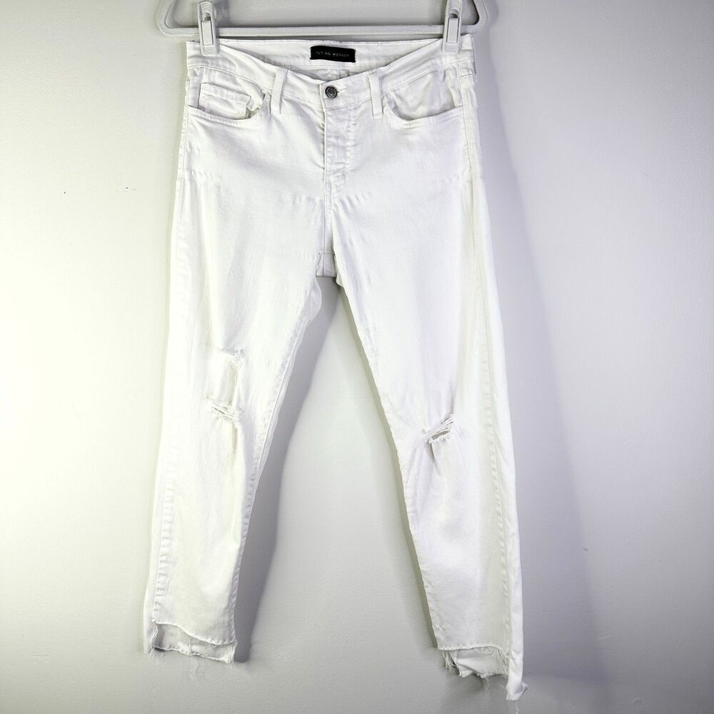 Flying Monkey Jeans Women 30 White Slim Distressed Raw Hem Classic 5 Pocket Boho
